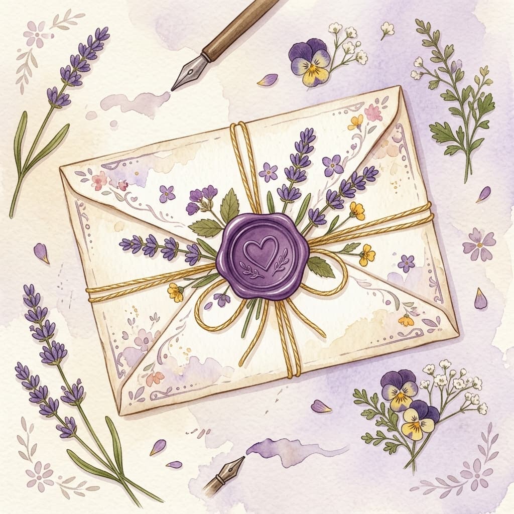 A love letter with purple wax seal and pressed flowers